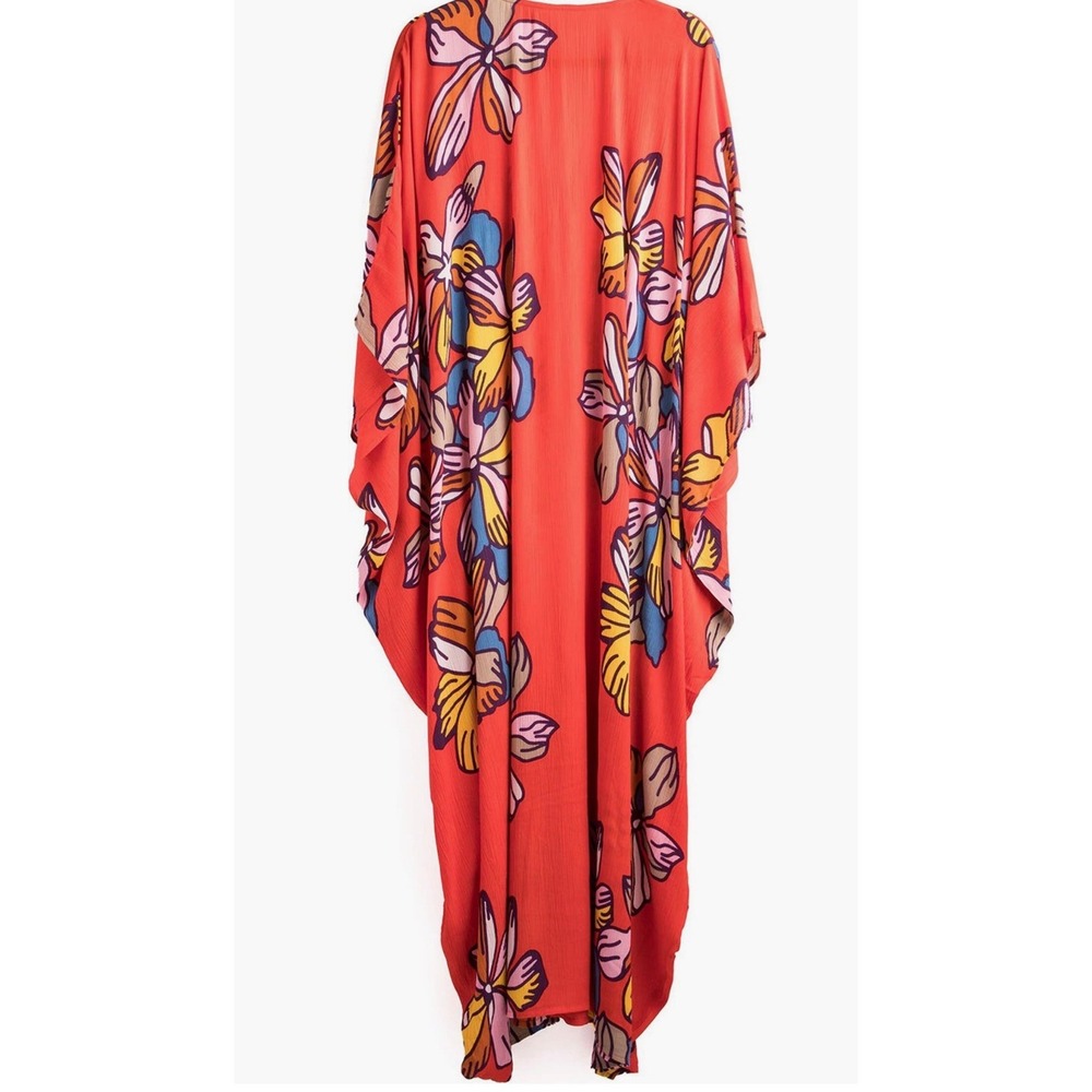Saachi Tropical Floral Print Maxi Kaftan Dress Orange V-Neck Resortwear One Size - Picture 5 of 6